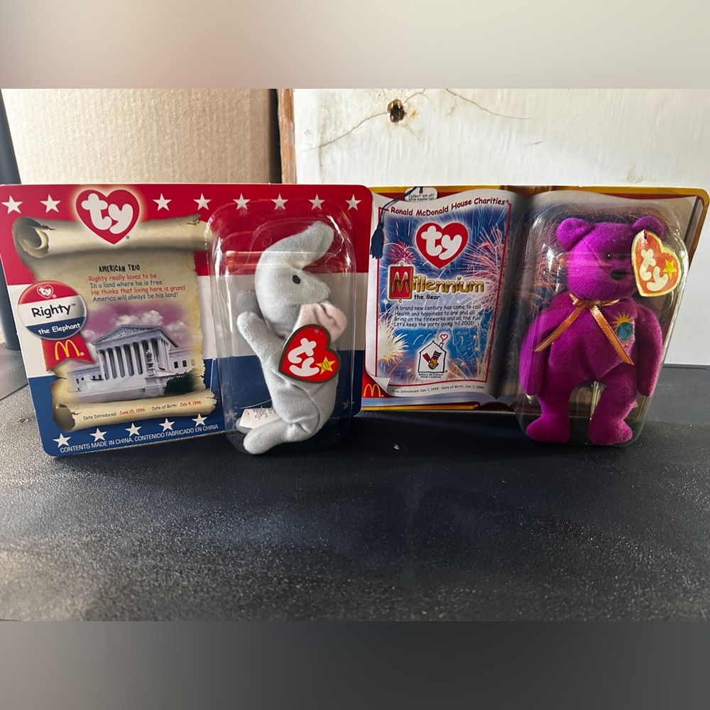 Ty Beanie Babies Elephant and Bear Set - White and Purple